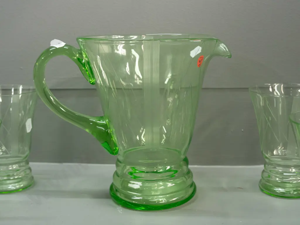 deco style uranium glass water or cordial set with etched rib pattern - jug H-180 W-210 and 6 glasses Image 1++
