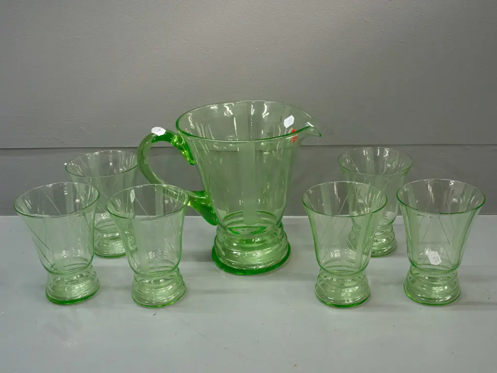 deco style uranium glass water or cordial set with etched rib pattern - jug H-180 W-210 and 6 glasses Image 1++