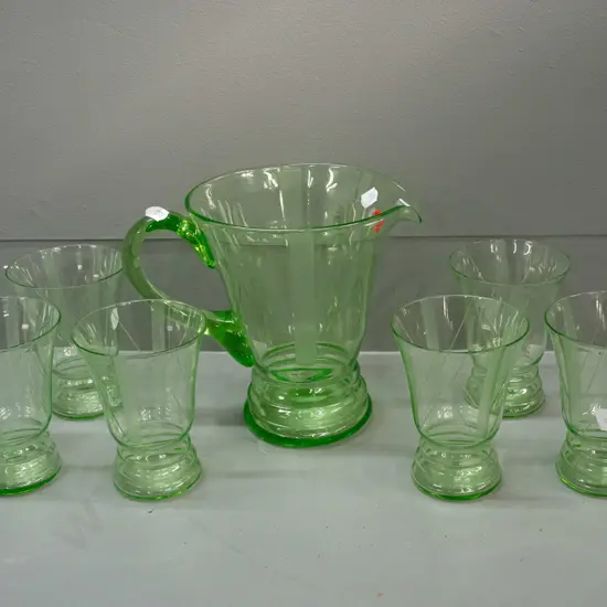 deco style uranium glass water or cordial set with etched rib pattern - jug H-180 W-210 and 6 glasses