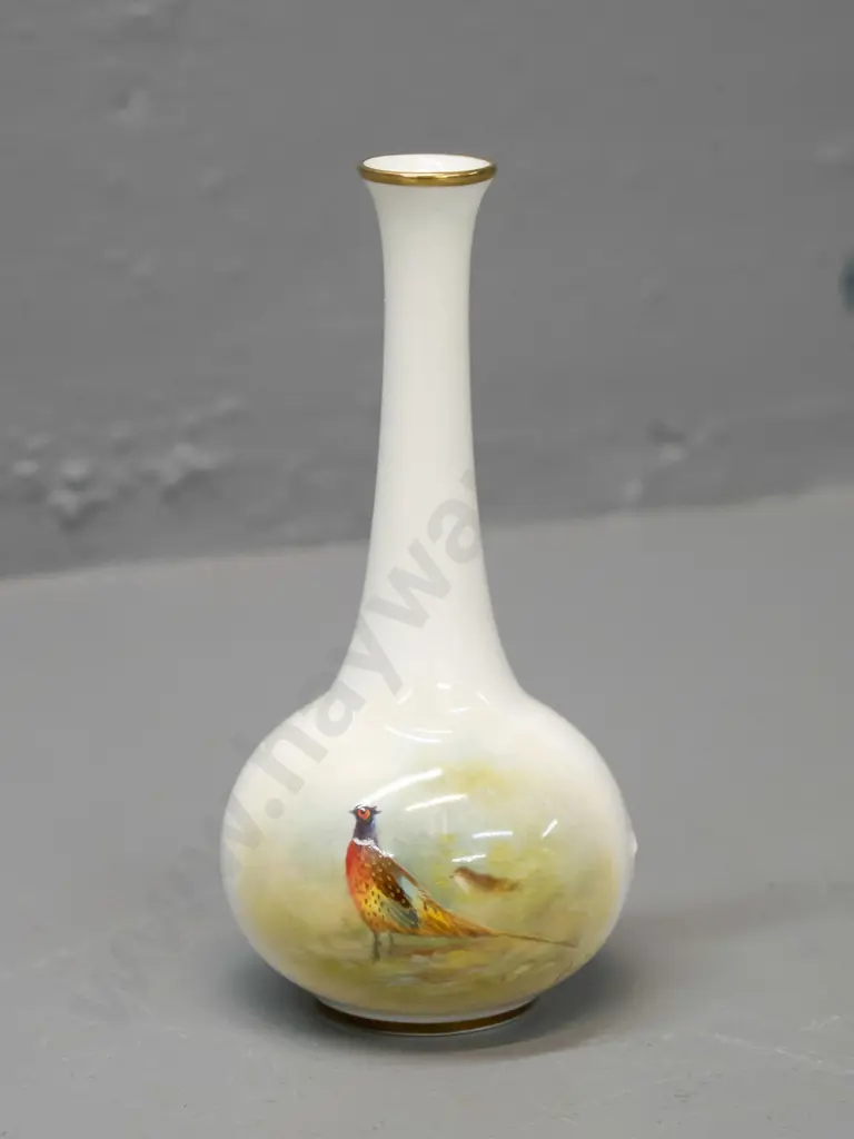 small hand painted and signed Royal Worcester bottle vase with pheasant motifs - signed L Maybury H-135 Image 1++