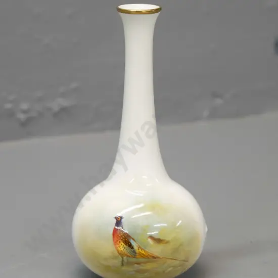small hand painted and signed Royal Worcester bottle vase with pheasant motifs - signed L Maybury H-135