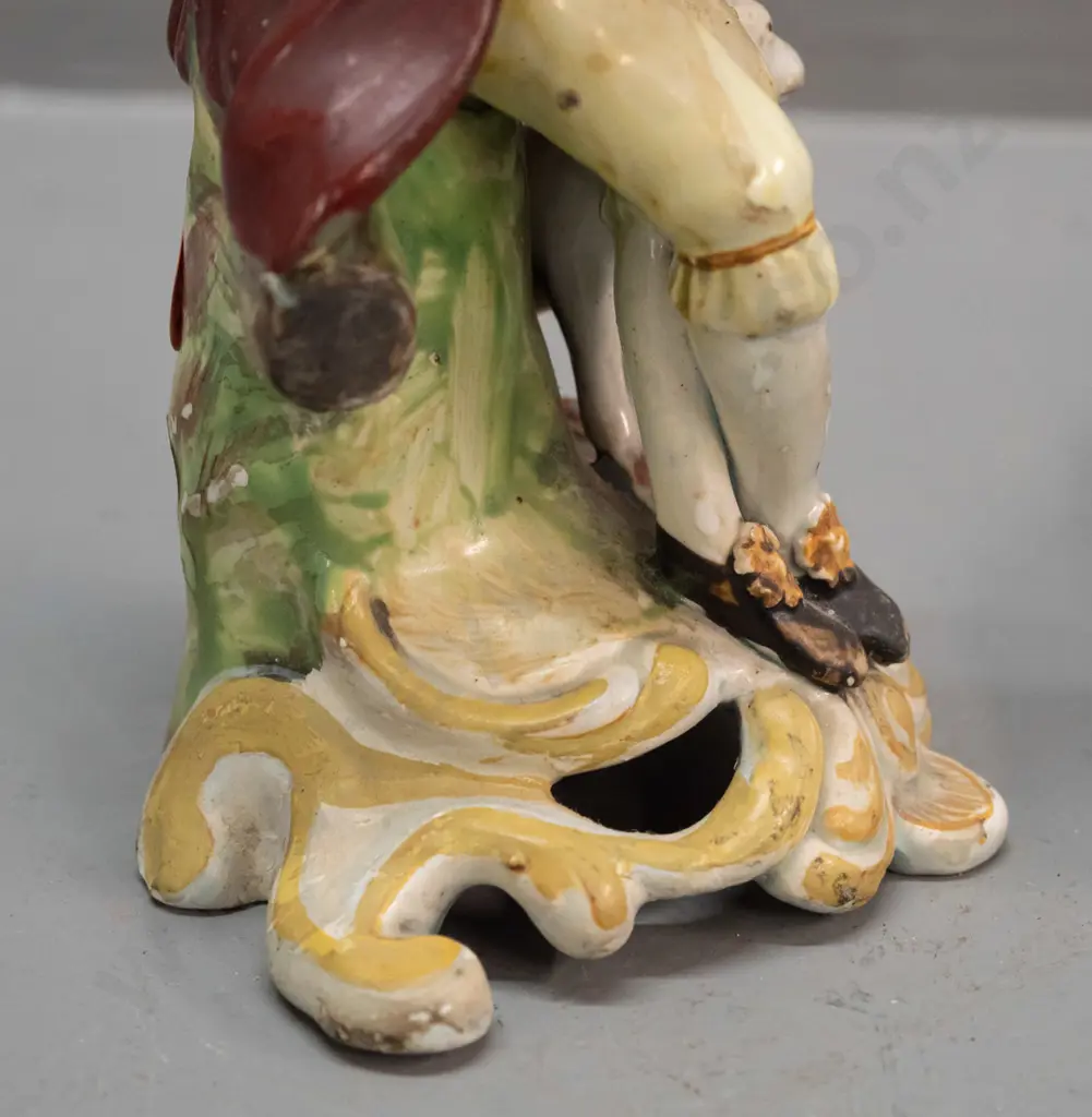 antique seated musician with dog figure - note on base attributes to Chelsea Derby - and a small Staffordshire spaniel. Image 1++