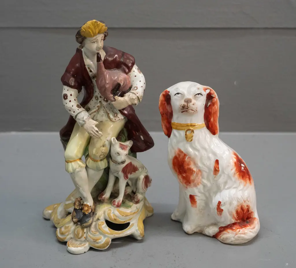 antique seated musician with dog figure - note on base attributes to Chelsea Derby - and a small Staffordshire spaniel. Image 1++