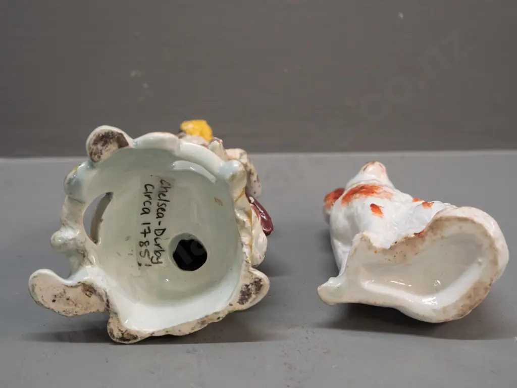 antique seated musician with dog figure - note on base attributes to Chelsea Derby - and a small Staffordshire spaniel. Image 1++