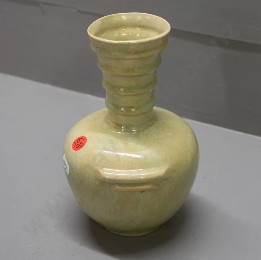 early Ambrico / Crown Lynn mottled green & yellow vase with ribbed neck - moulded '56' on base and etched 13/8 D Image 1++