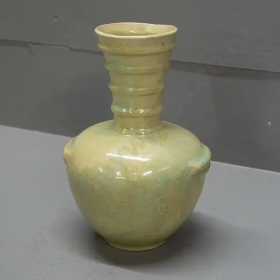 early Ambrico / Crown Lynn mottled green & yellow vase with ribbed neck - moulded '56' on base and etched 13/8 D