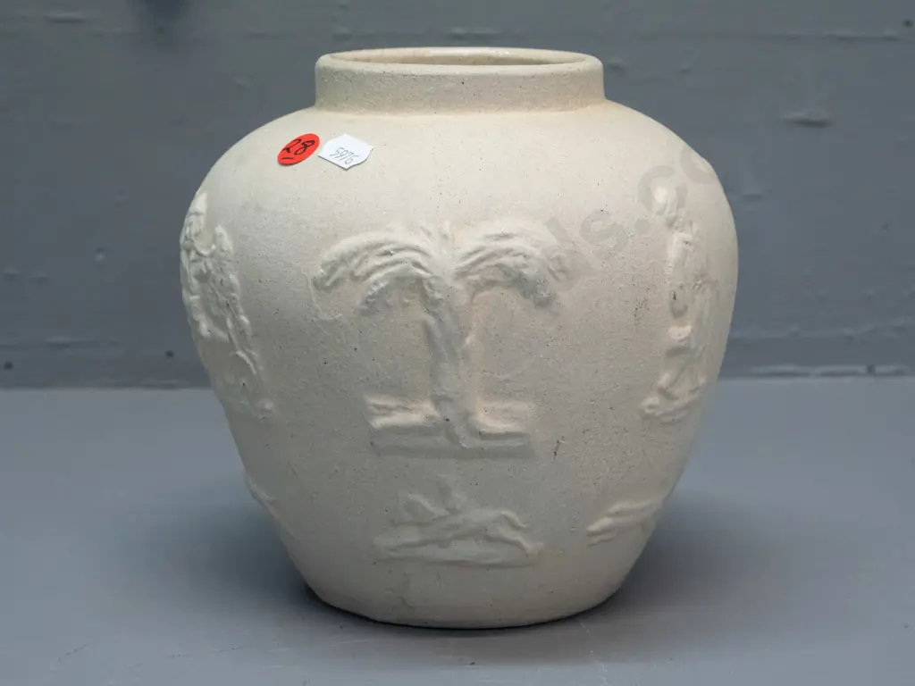 vintage Luke Adams pottery vase with harvest jug style relief decoration bisque fired, glaze inside, no maker's marks Image 1++