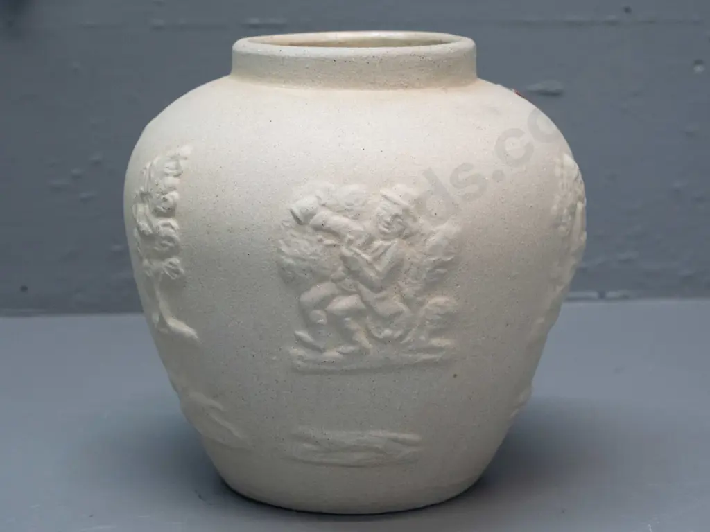 vintage Luke Adams pottery vase with harvest jug style relief decoration bisque fired, glaze inside, no maker's marks Image 1++