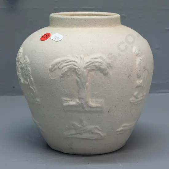 vintage Luke Adams pottery vase with harvest jug style relief decoration bisque fired, glaze inside, no maker's marks
