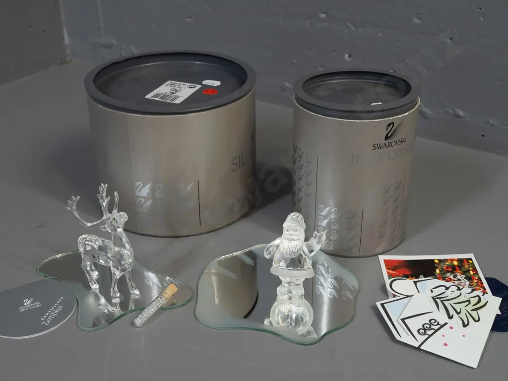 Swarovski crystal Christmas ornaments - reindeer and Santa, with 2 mirrored display platforms & tiny vial Image 1++
