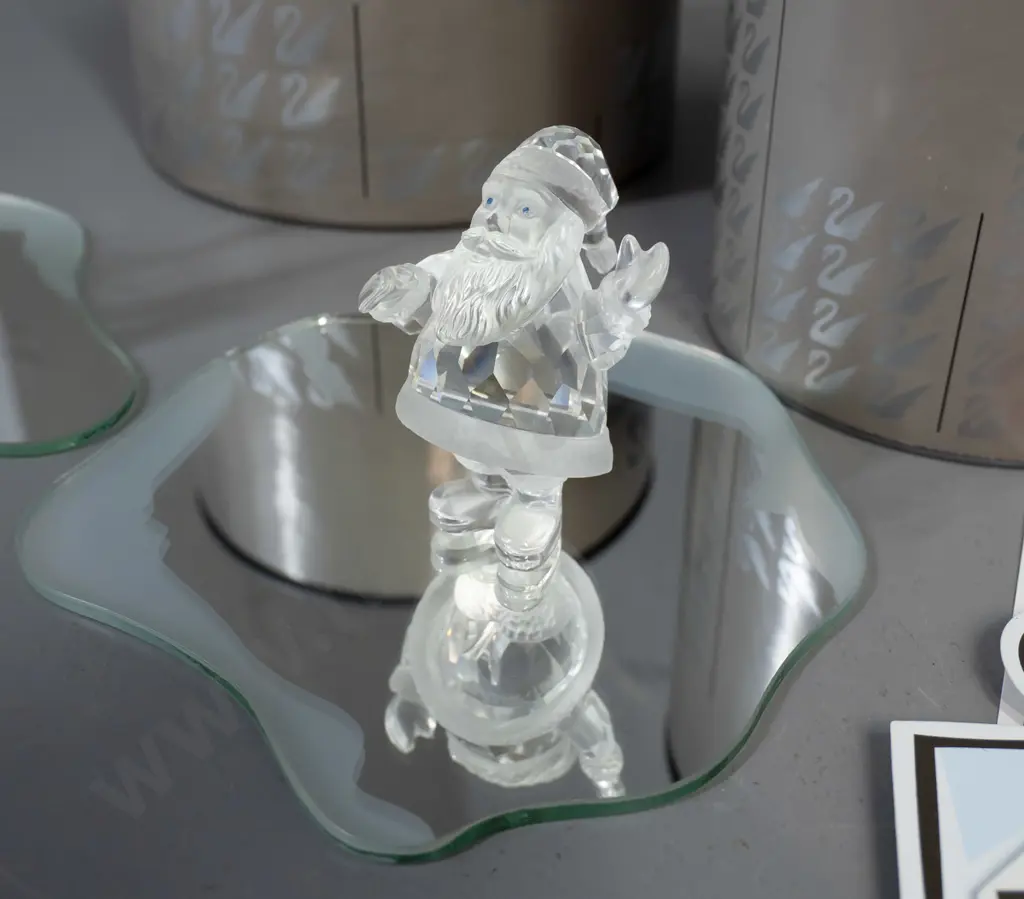 Swarovski crystal Christmas ornaments - reindeer and Santa, with 2 mirrored display platforms & tiny vial Image 1++