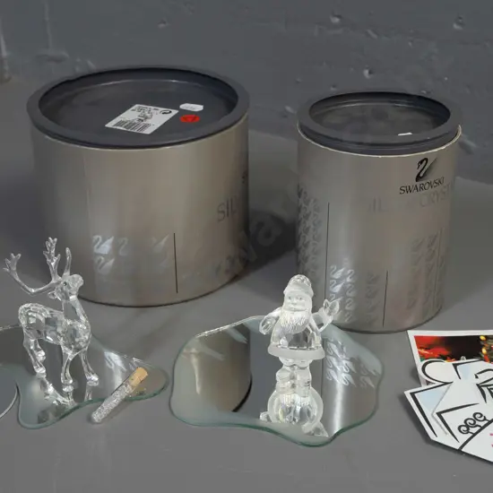 Swarovski crystal Christmas ornaments - reindeer and Santa, with 2 mirrored display platforms & tiny vial