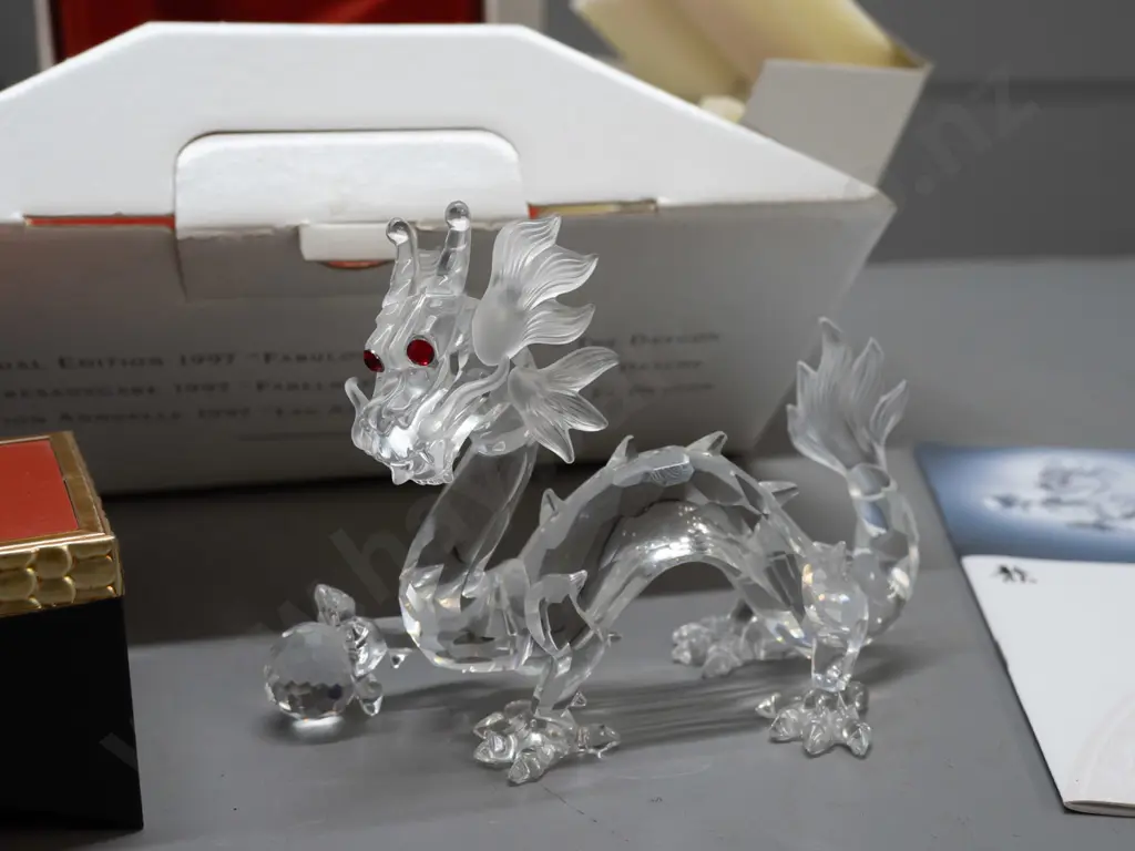 Swarovski crystal cased 1997 Fabulous Creatures series dragon figure with display stand, in original box. H-100 L-130 Image 1++