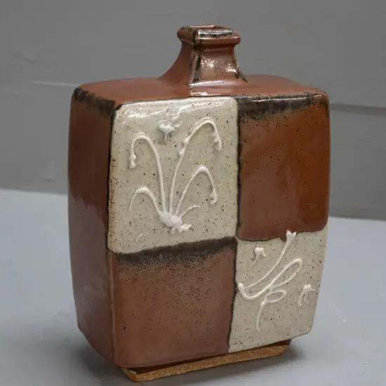 Paul Fisher New Zealand studio pottery slab bottle vase slip trail decoration H-230 W-150