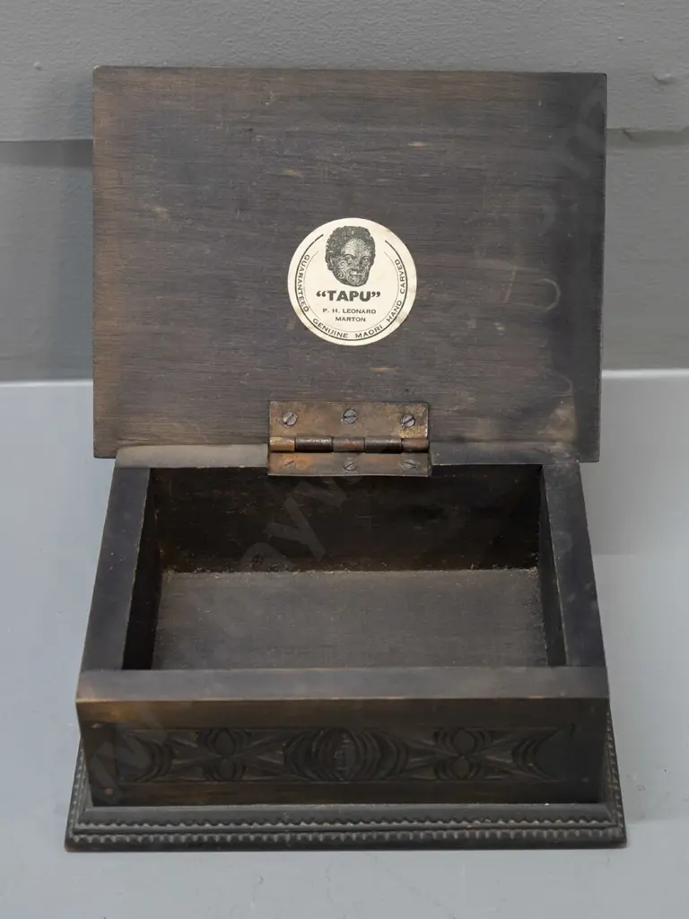 carved dark stained native timber Maori motif trinket box with hinged lid - label inside lid "Tapu" P.H. Leonard Marton Image 1++