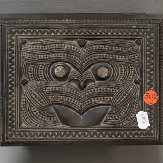 carved dark stained native timber Maori motif trinket box with hinged lid - label inside lid "Tapu" P.H. Leonard Marton