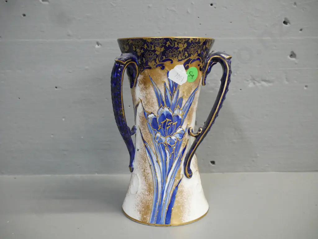 antique Doulton Burslem cobalt blue iris triple-handled vase H-170 Image 1++