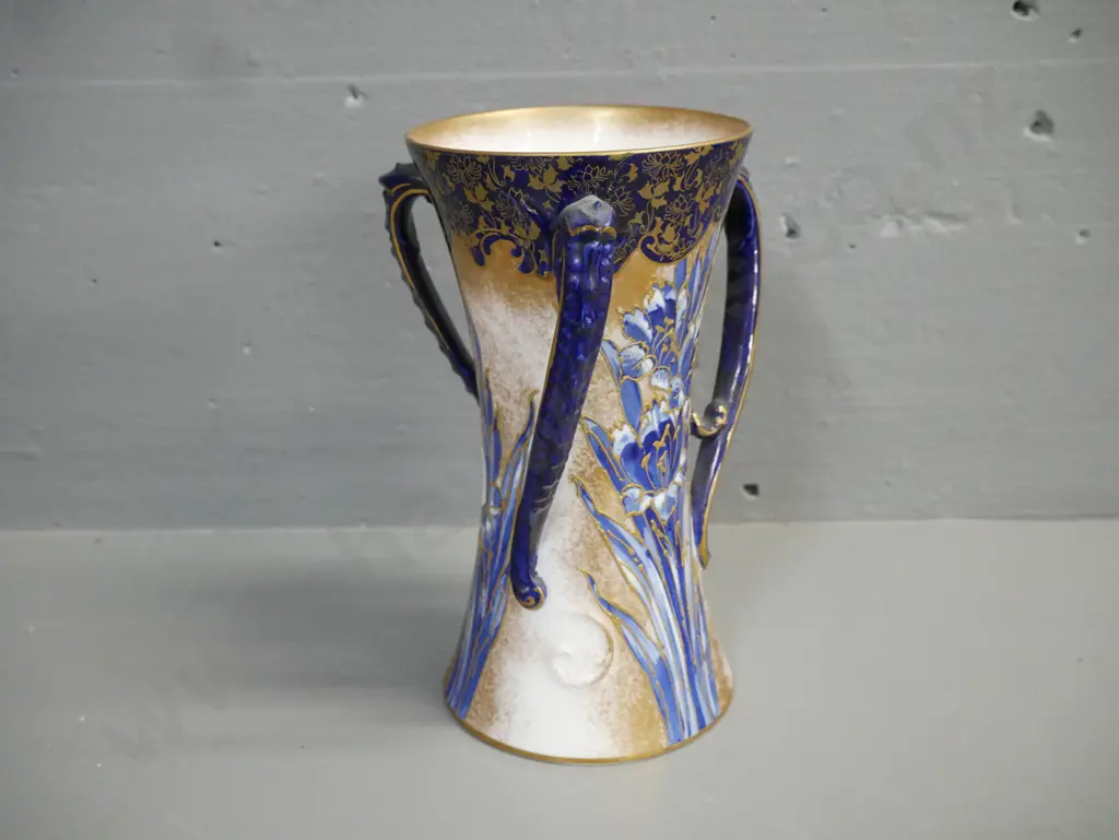 antique Doulton Burslem cobalt blue iris triple-handled vase H-170 Image 1++