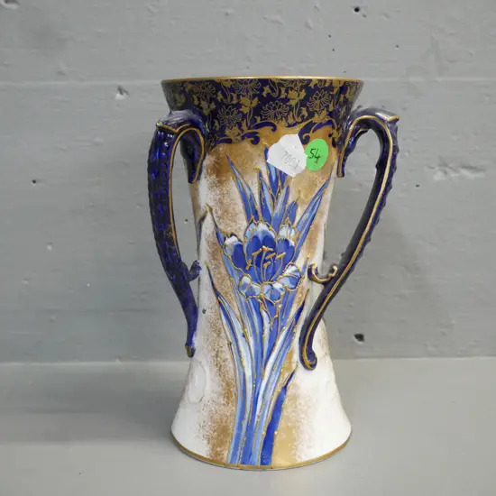 antique Doulton Burslem cobalt blue iris triple-handled vase H-170