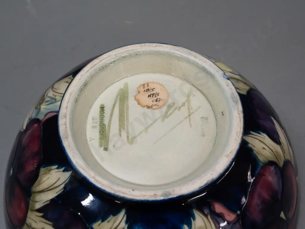 vintage Moorcroft tube lined pansy pattern bowl, green signature to base, decoration inside H-95 D-210 Image 1++
