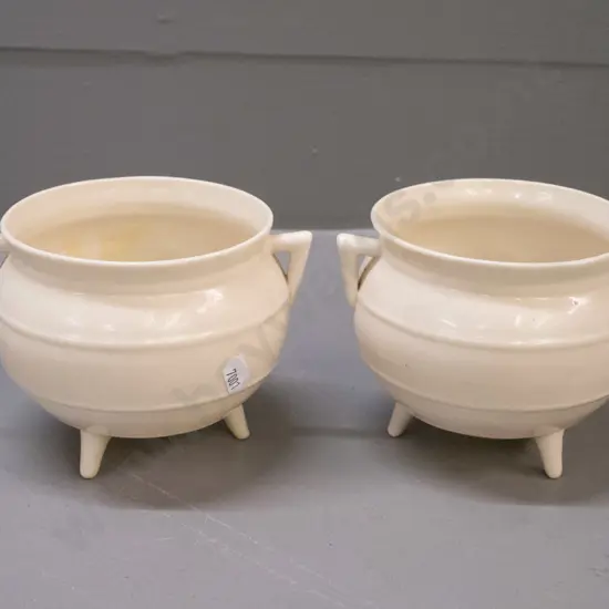 Pair of Belleek 3-footed cauldron-style open sugar bowls H-100 D-130