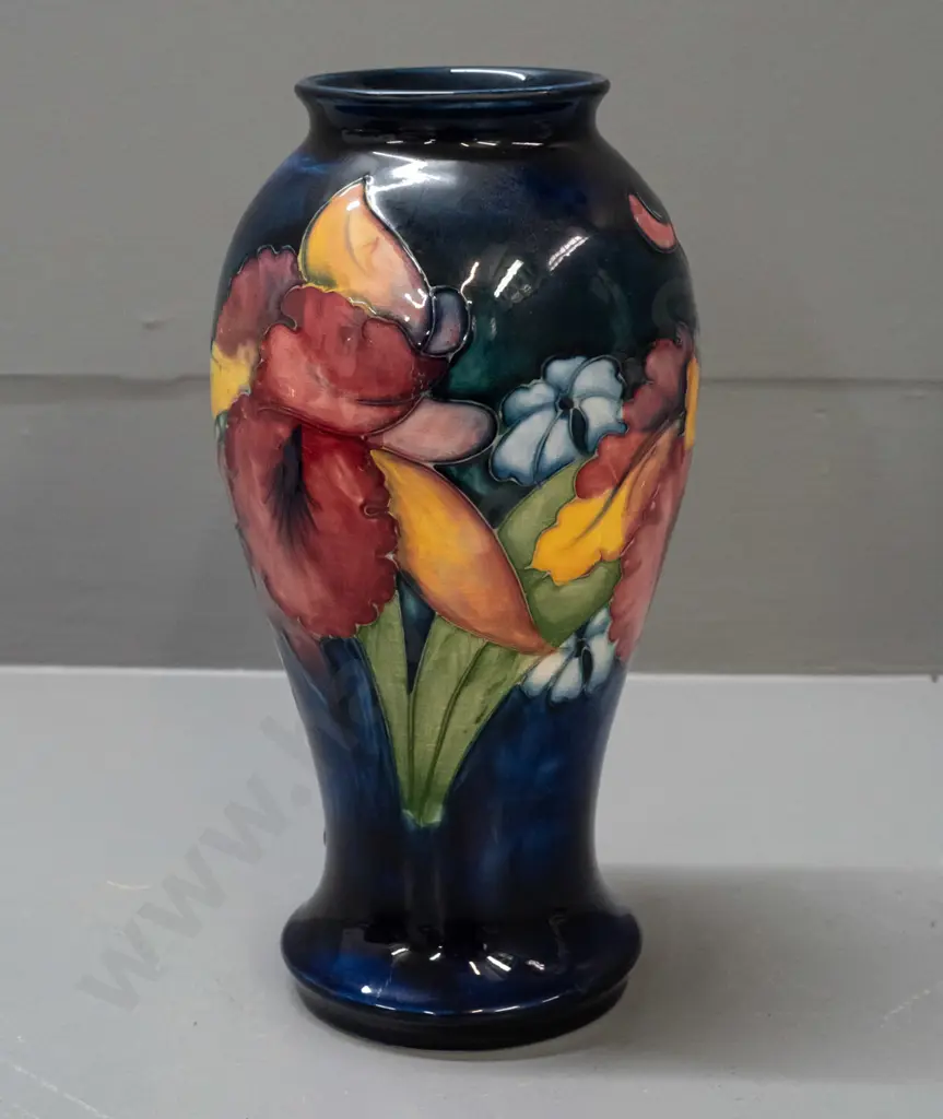 vintage Moorcroft tube lined iris pattern vase, green signature to base, Moorcroft Queen Mary label attached H-235 D-120 Image 1++