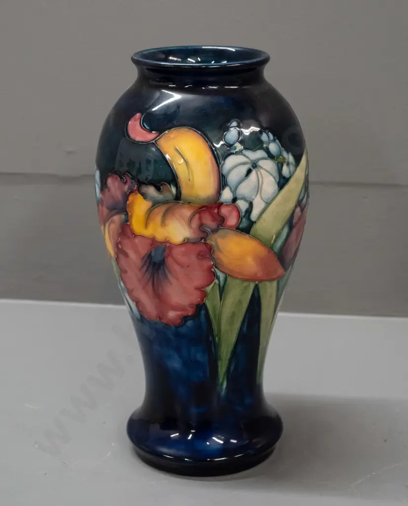 vintage Moorcroft tube lined iris pattern vase, green signature to base, Moorcroft Queen Mary label attached H-235 D-120 Image 1++