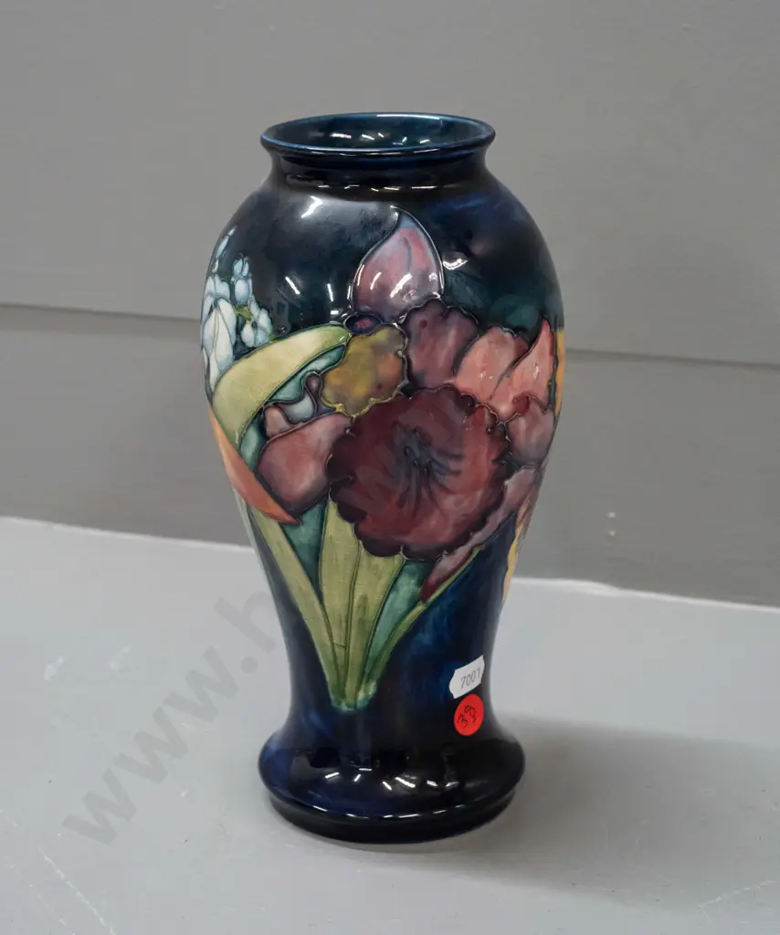 vintage Moorcroft tube lined iris pattern vase, green signature to base, Moorcroft Queen Mary label attached H-235 D-120 Image 1++
