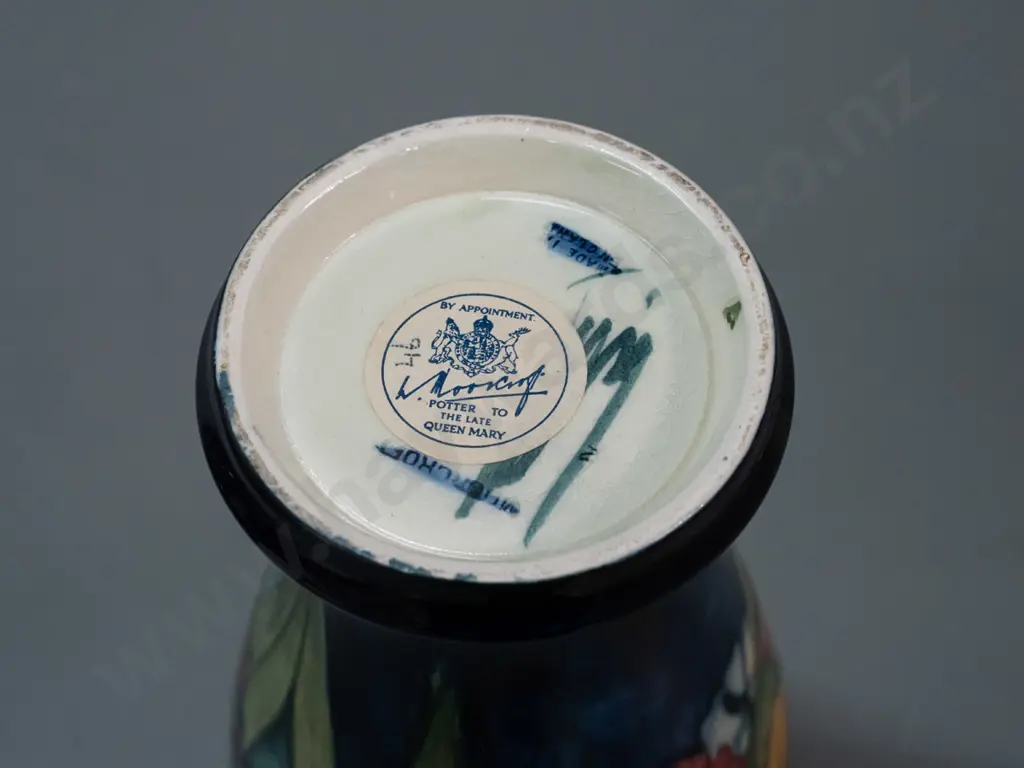vintage Moorcroft tube lined iris pattern vase, green signature to base, Moorcroft Queen Mary label attached H-235 D-120 Image 1++