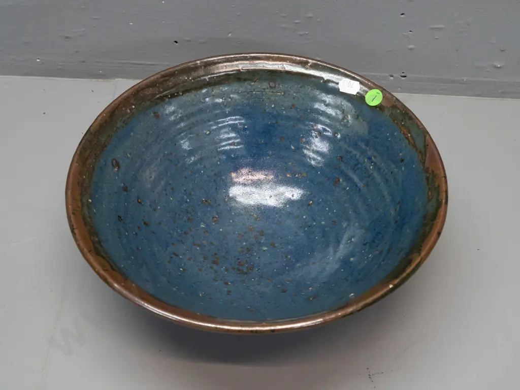 Barry Brickell New Zealand studio pottery bowl -  tenmoku glaze with blue inner, glaze filled back stamp H-115 D-280 Image 1++