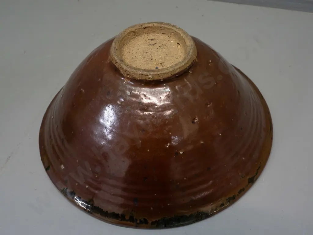 Barry Brickell New Zealand studio pottery bowl -  tenmoku glaze with blue inner, glaze filled back stamp H-115 D-280 Image 1++