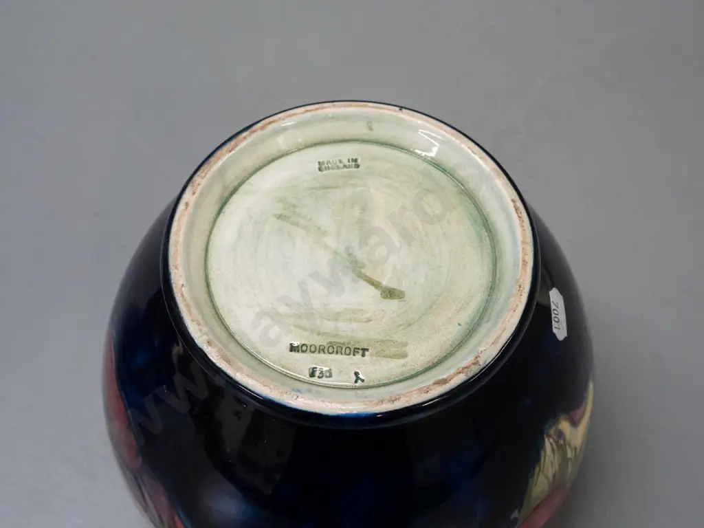 vintage Moorcroft tube lined pansy pattern jardiniere,  green signature to base, some staining inside H-165 D-170 Image 1++