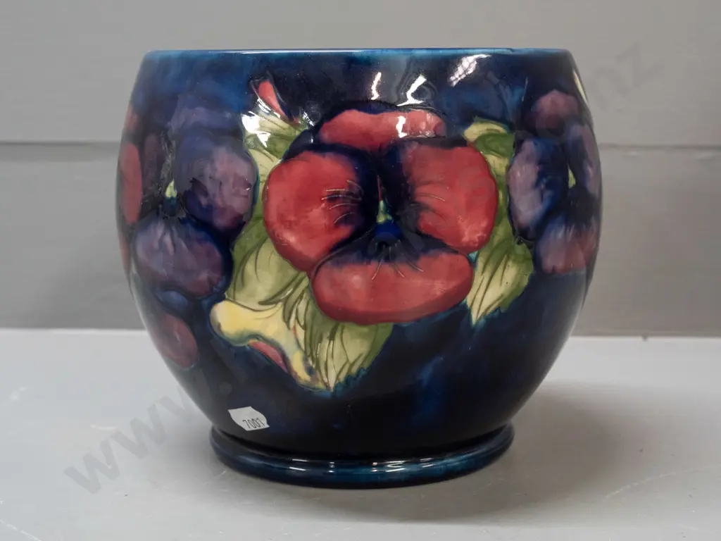 vintage Moorcroft tube lined pansy pattern jardiniere,  green signature to base, some staining inside H-165 D-170 Image 1++