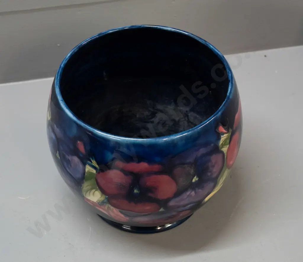 vintage Moorcroft tube lined pansy pattern jardiniere,  green signature to base, some staining inside H-165 D-170 Image 1++
