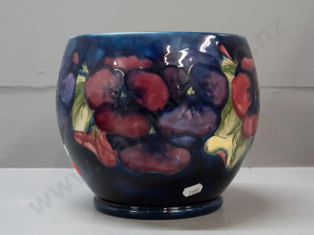 vintage Moorcroft tube lined pansy pattern jardiniere,  green signature to base, some staining inside H-165 D-170 Image 1++