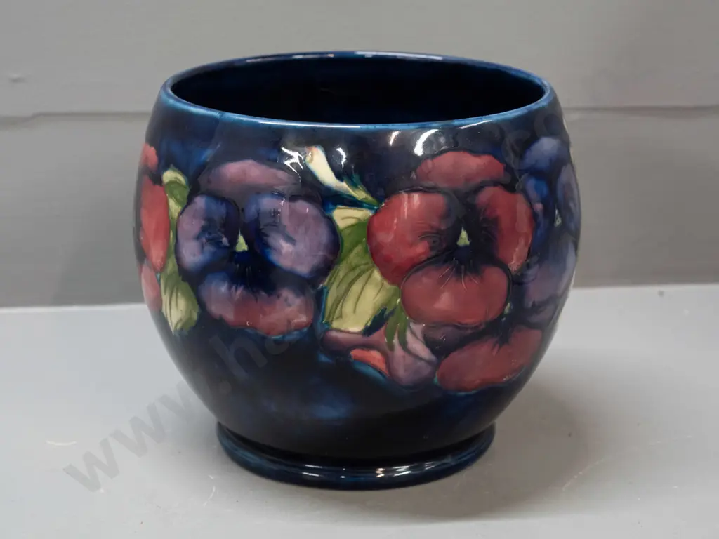 vintage Moorcroft tube lined pansy pattern jardiniere,  green signature to base, some staining inside H-165 D-170 Image 1++