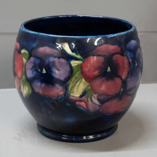 vintage Moorcroft tube lined pansy pattern jardiniere,  green signature to base, some staining inside H-165 D-170