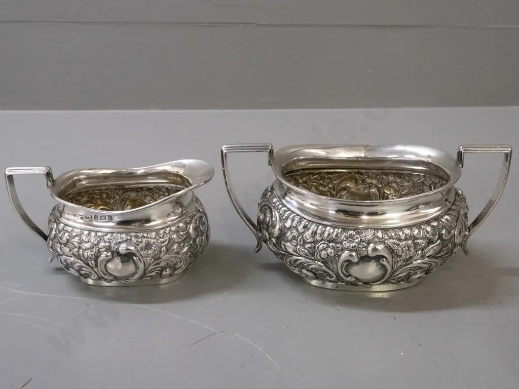 sterling silver tea set - teapot with ebony handle and knob, cream and sugar - teapot has loose handle, broken hinge and Image 1++