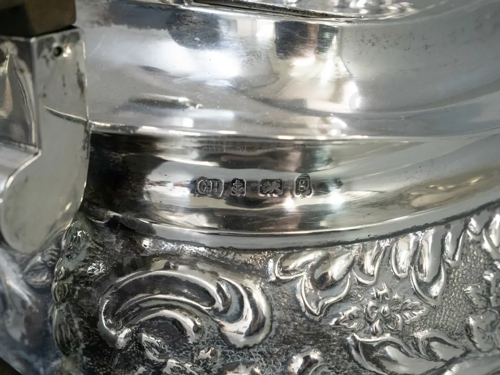 sterling silver tea set - teapot with ebony handle and knob, cream and sugar - teapot has loose handle, broken hinge and Image 1++