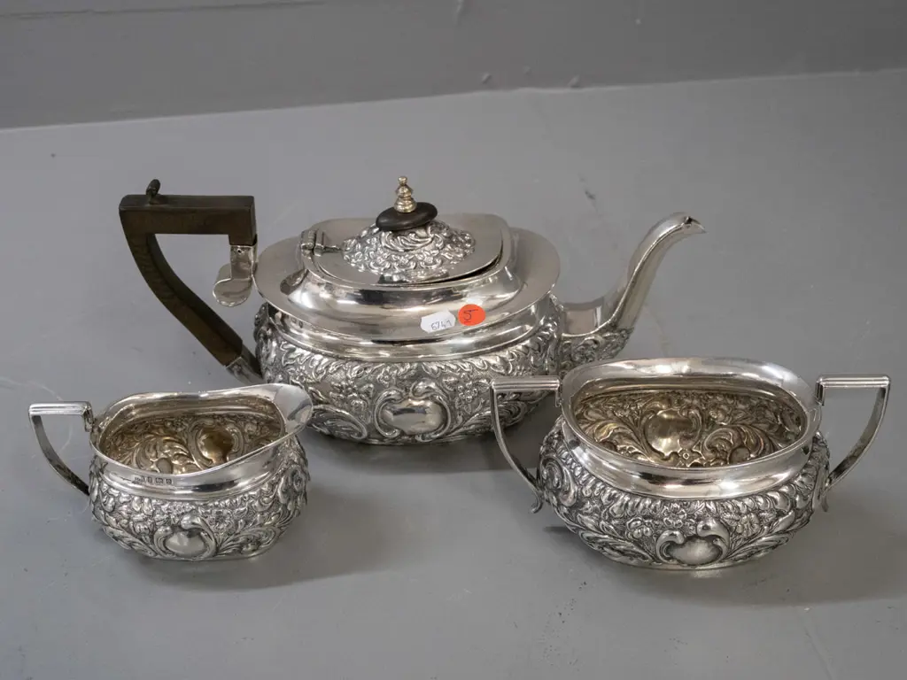 sterling silver tea set - teapot with ebony handle and knob, cream and sugar - teapot has loose handle, broken hinge and Image 1++