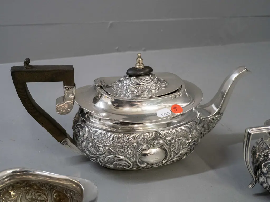 sterling silver tea set - teapot with ebony handle and knob, cream and sugar - teapot has loose handle, broken hinge and Image 1++