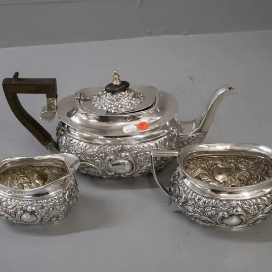 sterling silver tea set - teapot with ebony handle and knob, cream and sugar - teapot has loose handle, broken hinge and