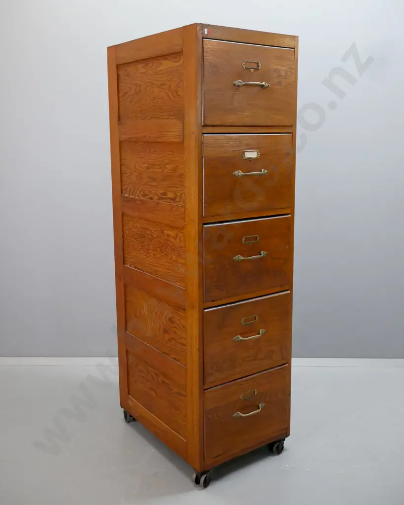 vintage oak very tall 5-drawer filing cabinet with brass labels holders and handles, panelled sides, sliding timber Image 1++