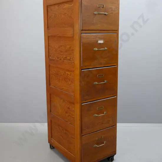 vintage oak very tall 5-drawer filing cabinet with brass labels holders and handles, panelled sides, sliding timber
