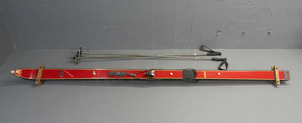 pair of vintage Austrian skis and poles - Hagan Kurier laminated skis with Tyrolia bindings, Tisdales NZ retail sticker, Image 1++