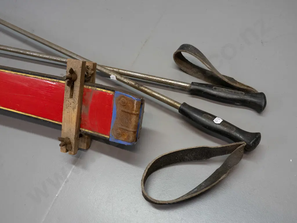 pair of vintage Austrian skis and poles - Hagan Kurier laminated skis with Tyrolia bindings, Tisdales NZ retail sticker, Image 1++