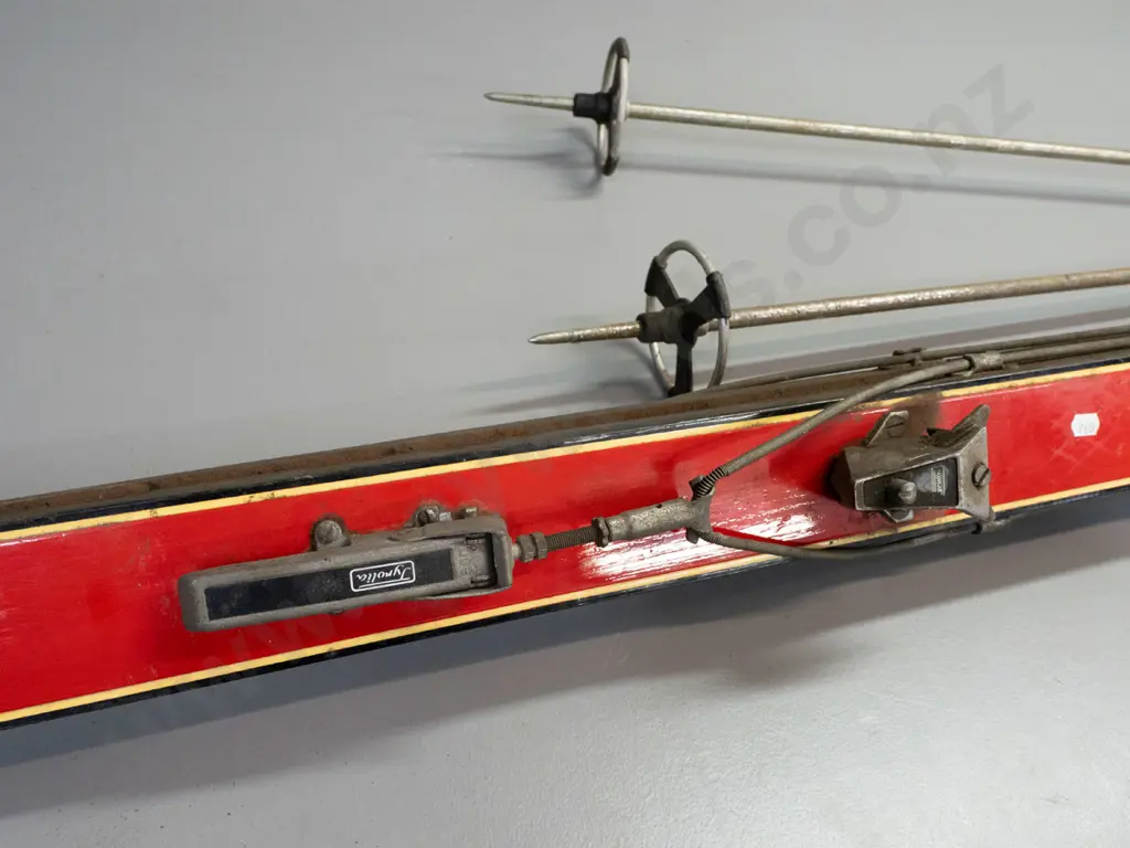 pair of vintage Austrian skis and poles - Hagan Kurier laminated skis with Tyrolia bindings, Tisdales NZ retail sticker, Image 1++