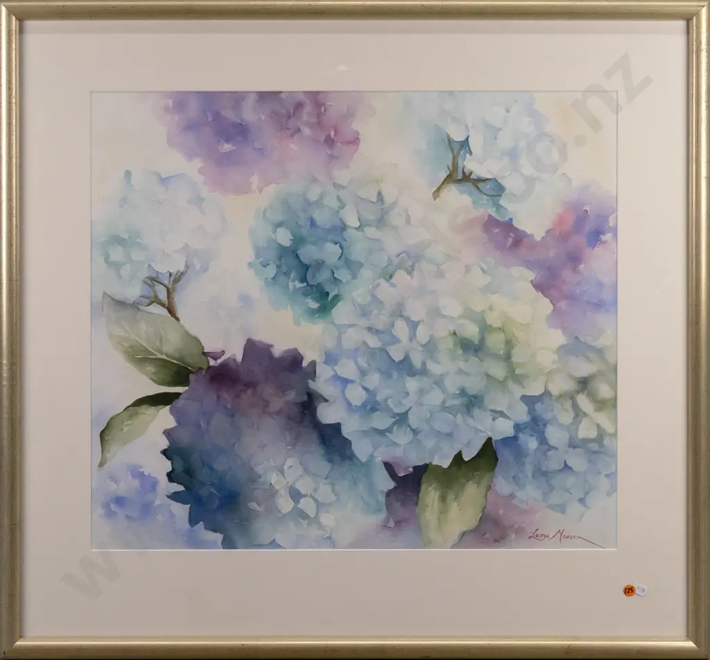 Leone Mason -- framed watercolour, hydrangeas, H-540 W-620 Image 1++