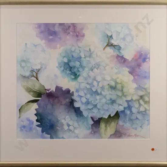 Leone Mason -- framed watercolour, hydrangeas, H-540 W-620