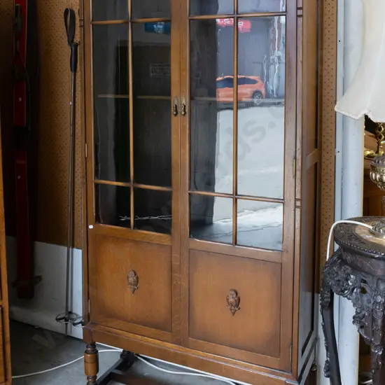 art deco oak display cabinet with 2 wooden astragal glazed doors, moulded applied owls to panels, 4 adjustable